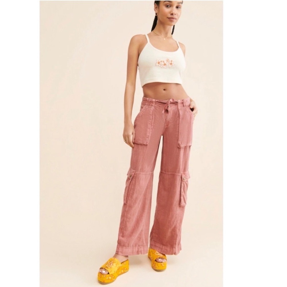 Pilcro Anthropologie Boho Beach Linen Blend Wide Leg Utility Cargo Pink Pants 26